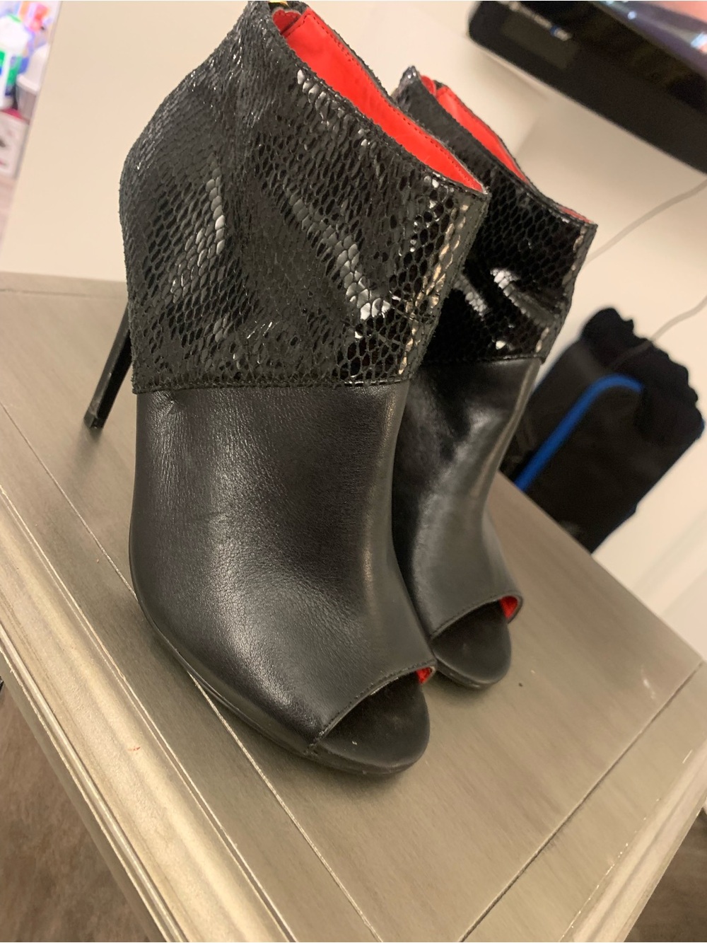 Charles Jourdan Black Peep-Toe Stiletto Booties with Red Lining